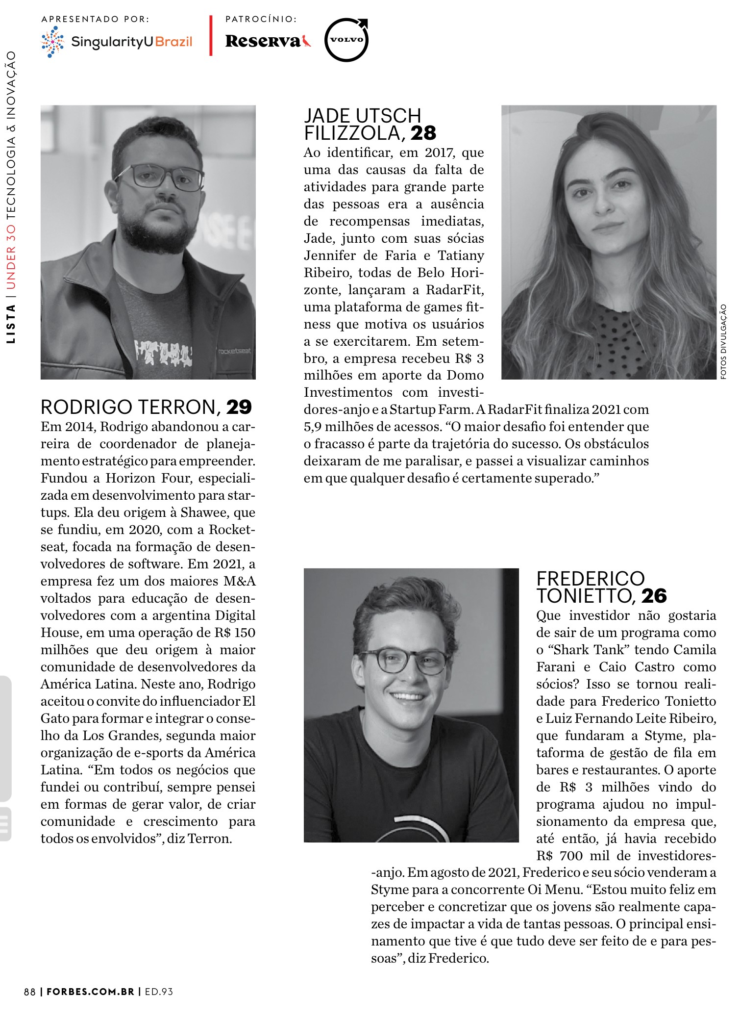 Página 88 da edição 93 da revista Forbes, com o perfil de Rodrigo Terron na categoria Tecnologia e Inovação da lista Under 30.