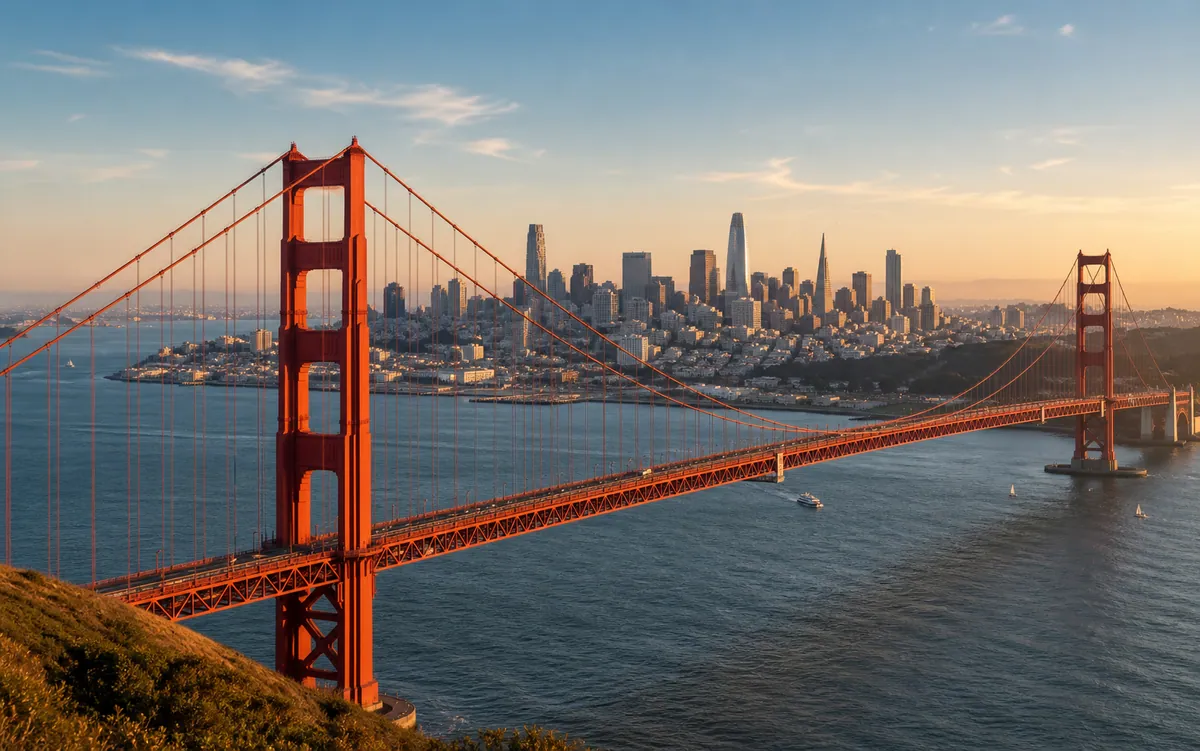 Golden Gate Bridge e skyline de San Francisco, referência visual da Bay Area