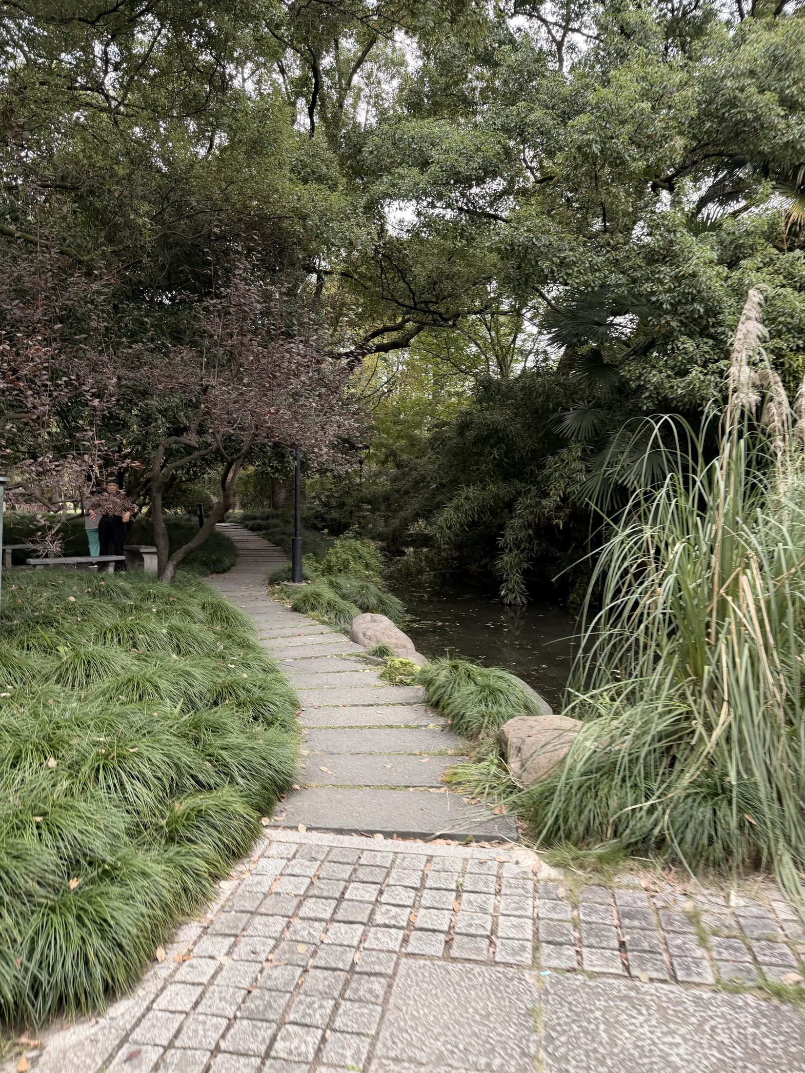 Caminho de pedras entre jardins e um curso d’água.